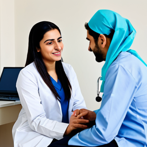 A calm and poised adult Arab woman, in her late 20s, dressed in a modest, professional blouse and trousers, seated comfortably in a bright, modern local health center. A friendly, professional female nurse, fully clothed in a clean uniform, is gently administering a vaccination. The setting is clean and well-organized, with soft, natural lighting. safe for work, appropriate content, fully clothed, professional, perfect anatomy, correct proportions, natural pose, well-formed hands, proper finger count, natural body proportions, high-quality photography, sharp focus.