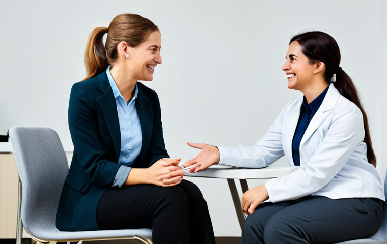 **

"A smiling woman in a modest, professional outfit is sitting comfortably in a welcoming office setting at a local health center. She is engaged in a conversation with a friendly therapist. The scene is bright and supportive, emphasizing mental wellness and personal growth. Fully clothed, appropriate attire, safe for work, perfect anatomy, natural proportions, professional, modest, family-friendly."

**