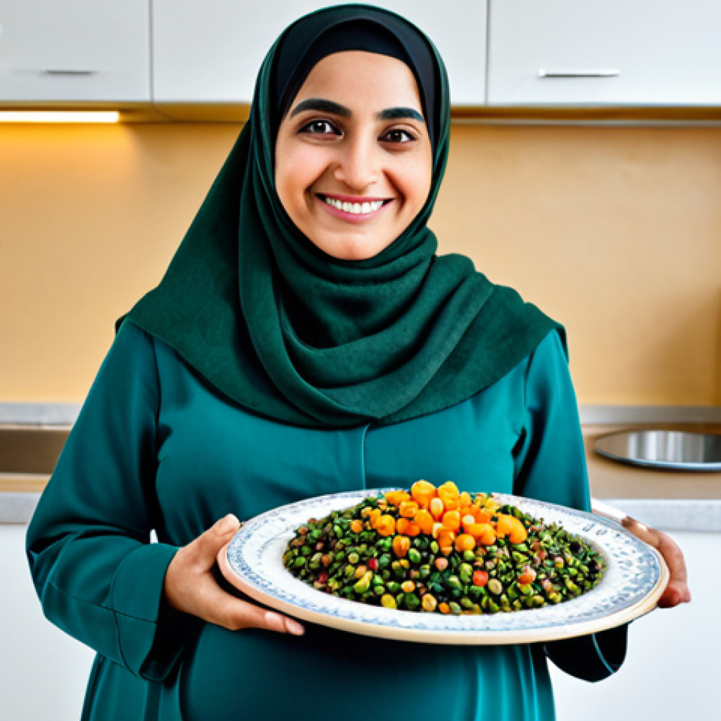 First Trimester Nutrition**

"A pregnant Arab woman, fully clothed in modest traditional attire, holding a plate of colorful, healthy foods (dark leafy greens, legumes, fortified grains) in a bright, modern kitchen.  She is smiling gently.  Emphasis on wholesome ingredients and a feeling of well-being. Safe for work, appropriate content, family-friendly. Perfect anatomy, correct proportions, well-formed hands, natural pose, professional food photography, high quality."

**