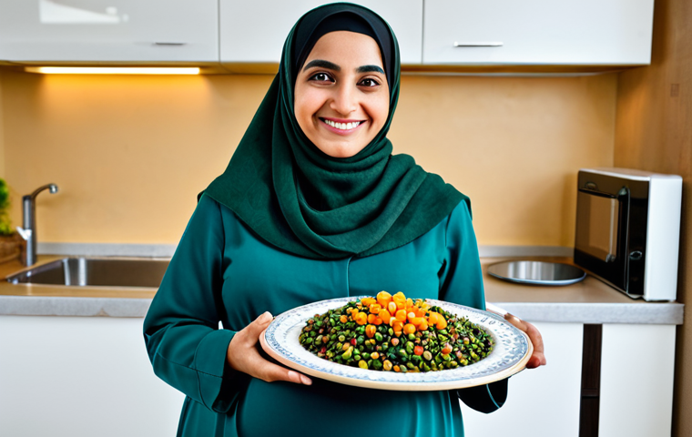 First Trimester Nutrition**

"A pregnant Arab woman, fully clothed in modest traditional attire, holding a plate of colorful, healthy foods (dark leafy greens, legumes, fortified grains) in a bright, modern kitchen.  She is smiling gently.  Emphasis on wholesome ingredients and a feeling of well-being. Safe for work, appropriate content, family-friendly. Perfect anatomy, correct proportions, well-formed hands, natural pose, professional food photography, high quality."

**
