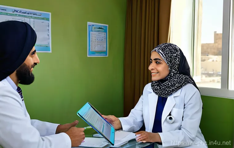 보건소에서 제공하는 비만 예방 서비스 - **Prompt 1: Comprehensive Health Assessment in an Arab Health Center**
    A bright, clean, and mode...