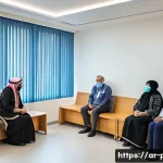 보건소 건강 상담 서비스 - A warm, modern primary healthcare center in a Middle Eastern urban neighborhood, showing a diverse g...