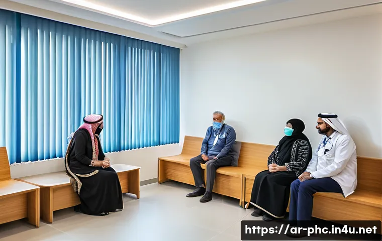 보건소 건강 상담 서비스 - A warm, modern primary healthcare center in a Middle Eastern urban neighborhood, showing a diverse g...