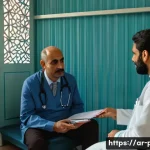 보건소에서의 결핵 진단 절차 - A detailed medical scene inside a public health center in an Arabic-speaking country, showing a comp...