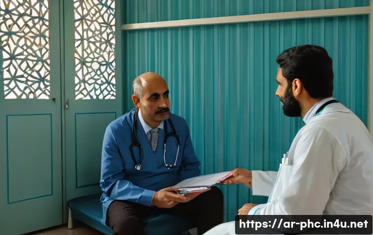 보건소에서의 결핵 진단 절차 - A detailed medical scene inside a public health center in an Arabic-speaking country, showing a comp...
