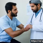 보건소에서 가능한 근육검사 항목 - A detailed clinical scene in a small primary healthcare clinic in an Arabic-speaking country, showin...