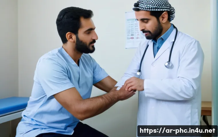 보건소에서 가능한 근육검사 항목 - A detailed clinical scene in a small primary healthcare clinic in an Arabic-speaking country, showin...