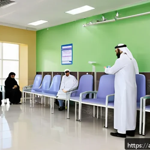보건소에서의 수두 예방접종 비용 - A modern government health center in Saudi Arabia bustling with diverse families, including children...