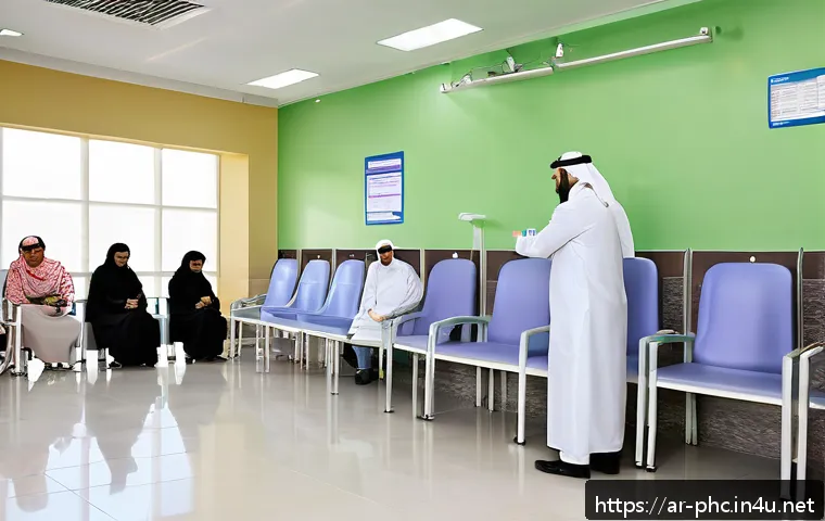 보건소에서의 수두 예방접종 비용 - A modern government health center in Saudi Arabia bustling with diverse families, including children...