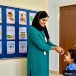 보건소에서의 영유아 성장 검사 - A warm, modern pediatric clinic in an Arabic-speaking country, showing a friendly female pediatricia...