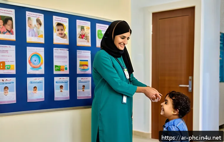 보건소에서의 영유아 성장 검사 - A warm, modern pediatric clinic in an Arabic-speaking country, showing a friendly female pediatricia...