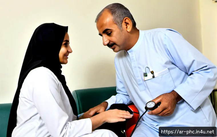 보건소에서의 노인성 질환 진단 - Photorealistic public health clinic in an Arab city, compassionate Arab female doctor in modest prof...