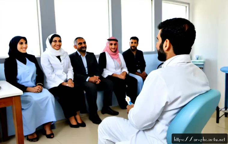 보건소에서의 구강관리 강좌 - Photorealistic community oral health lecture inside a clean modern public health clinic in an Arab c...