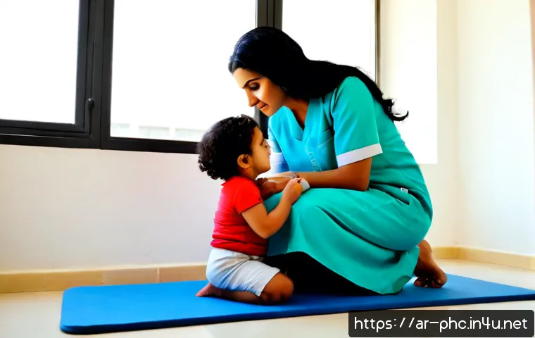 Home 17 보건소에서의 영유아 검진 후기 - Photorealistic maternal and child health clinic in an Arab city, a warmly dressed Arab mother seated...