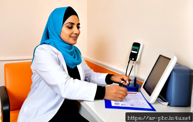 보건소에서 제공하는 만성질환 관리 - Photorealistic public health clinic consultation in an Arab city, a middle-aged Arab woman in modest...